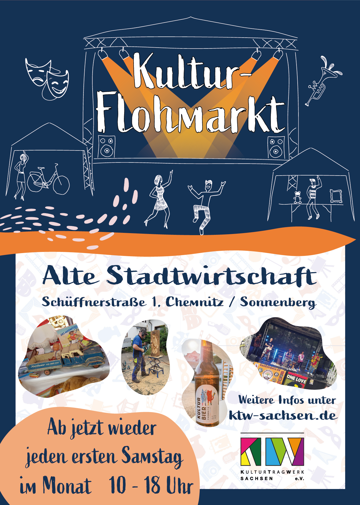 Flyer_Kultur-Flohmarkt mit Angaben zu Ort, Alte Stadtwirtschaft, Schüffnerstraße 1 in 09130 Chemnitz, und Zeit, 01.01.2023, 10 bis 18 Uhr, der Veranstaltung